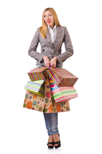 Ung kvinna med väskor efter shopping — Stockfoto