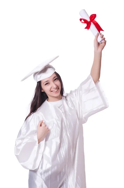 Junge Studentin mit Diplom auf weiß — Stockfoto