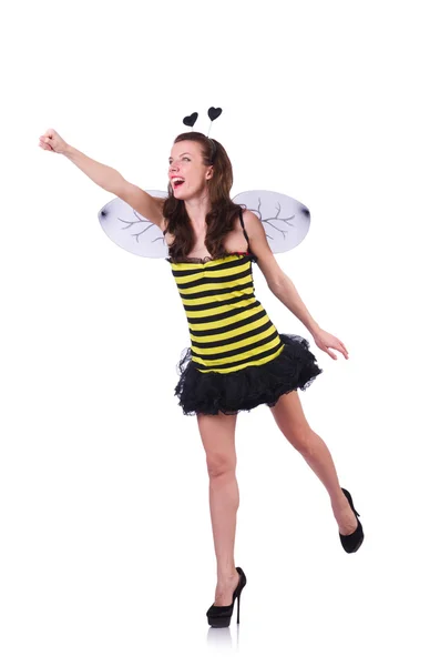 Женщина в пчелином костюме изолирована на белом — стоковое фото