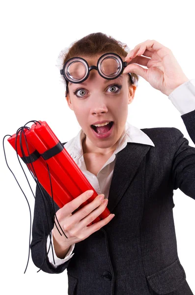 Businesswoman with dynamite on white — Stock Photo, Image