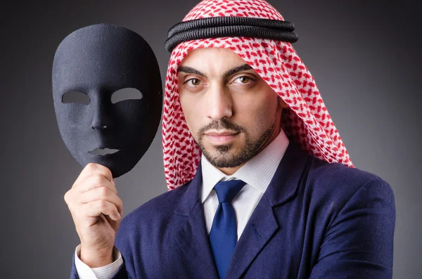 Arab with masks in dark studio — Stock Photo, Image