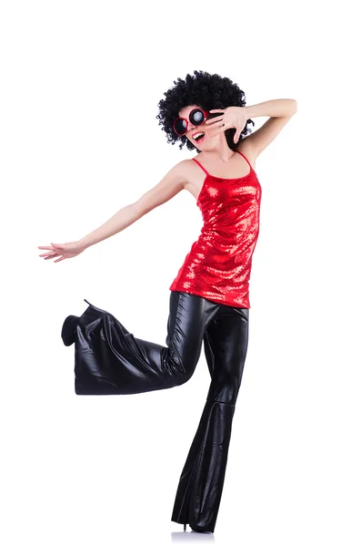 Dancer in black afro wig on white — Stock Photo, Image