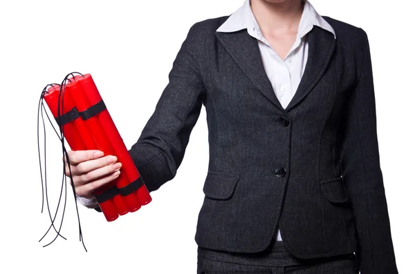 Hand holding bars of dynamite on white — Stock Photo, Image