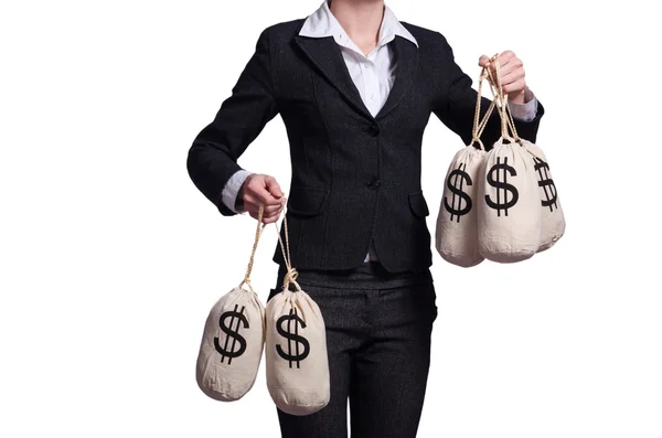 Kvinna med säckar pengar på vit — Stockfoto