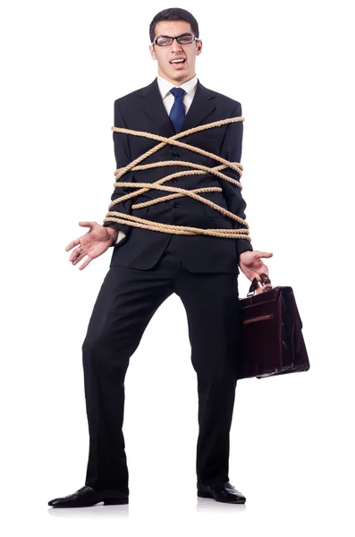 Empresario atado con cuerda en blanco — Foto de Stock