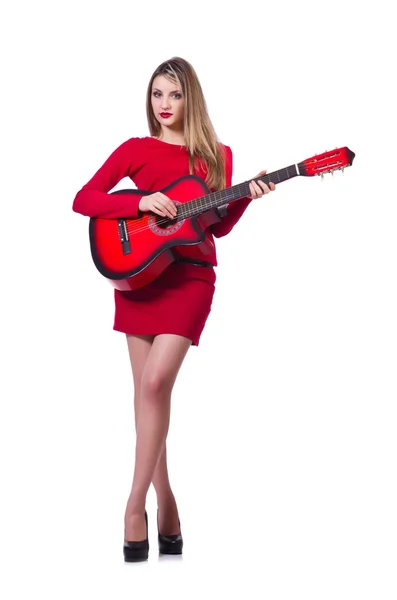 흰색으로 분리 된 기타 연주자 여자 — 스톡 사진
