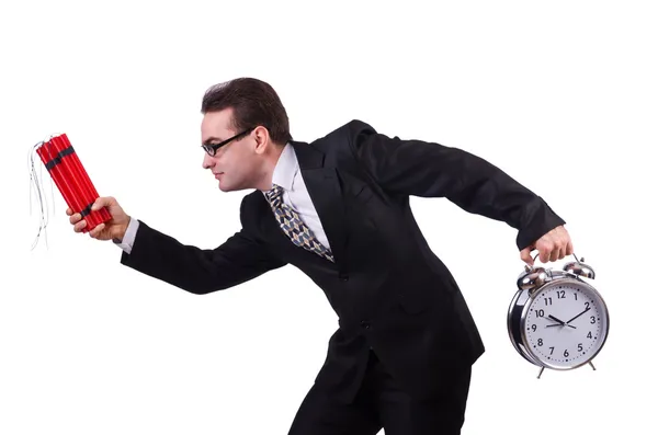 Hombre con bomba de tiempo aislado en blanco — Foto de Stock