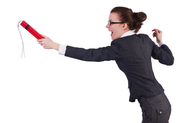 Businesswoman with dynamite on white — Stock Photo, Image