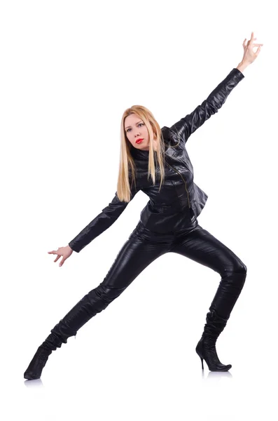 Tall model in leather costume on white — Stock Photo, Image