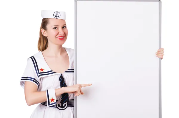 Woman sailor with blank board on white — Stock Photo, Image