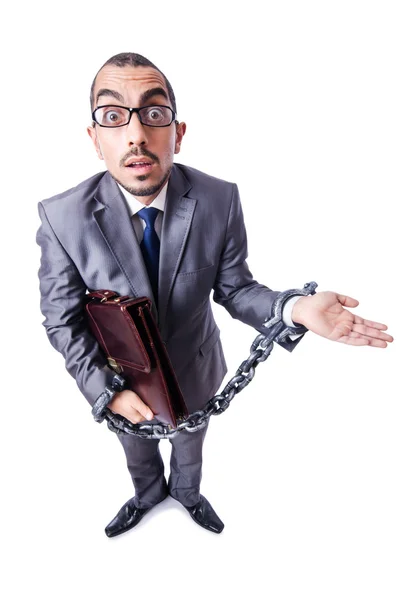 Businessman with handcuffs on white — Stock Photo, Image