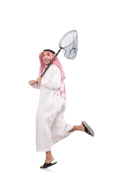 Empresário árabe com rede de captura em branco — Fotografia de Stock