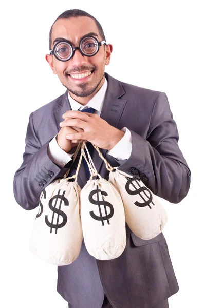 Man with sacks of money on white — Stock Photo, Image