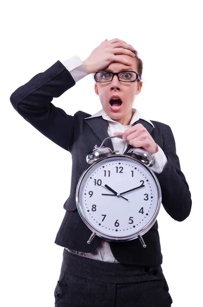 Femme drôle avec horloge sur blanc — Photo