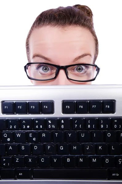 Nerd zakenman met toetsenbord van de computer op wit — Stockfoto