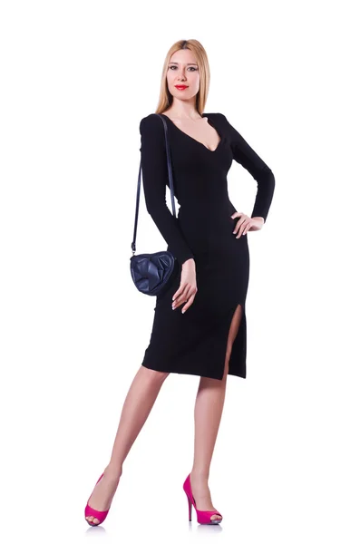 Donna in abito nero nel concetto di moda su bianco — Foto Stock