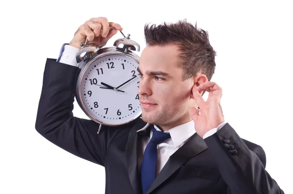 Homme d'affaires avec horloge isolé sur blanc — Photo