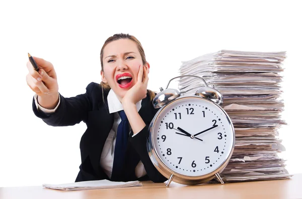 Woman businesswoman with giant alarm clock — Stock Photo, Image