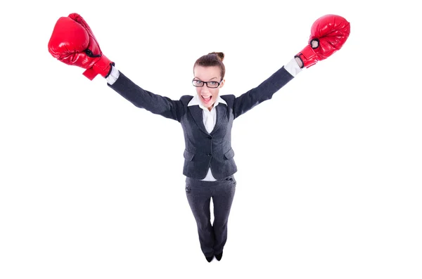 Woman with boxing gloves on white — Stock Photo, Image