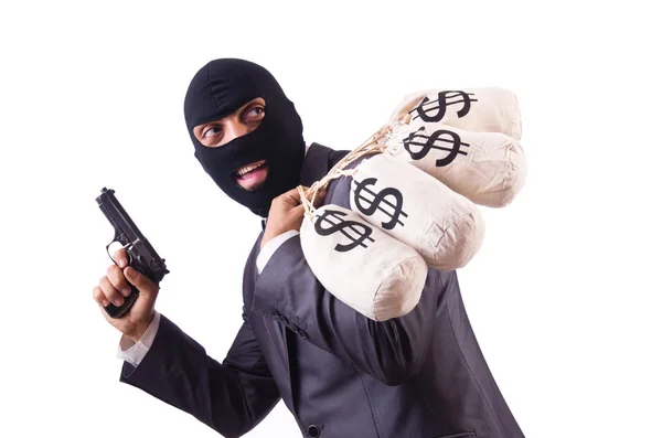 Gangster con sacchetti di denaro su bianco — Foto Stock