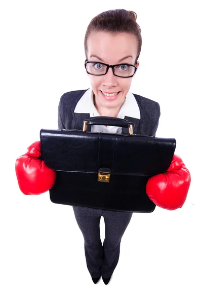 Woman with boxing gloves on white — Stock Photo, Image