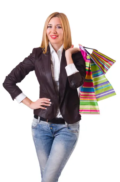 Mujer joven con bolsas después de ir de compras —  Fotos de Stock