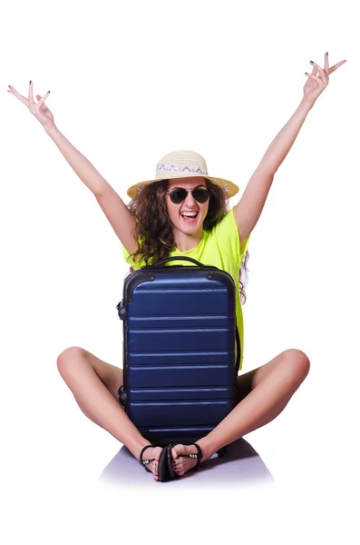 Young woman with suitcase on white — Stock Photo, Image