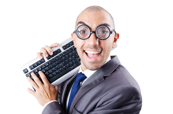 Nerd zakenman met toetsenbord van de computer op wit — Stockfoto