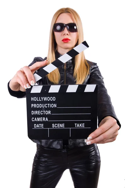 Kvinna med filmen kläpp på vit — Stockfoto
