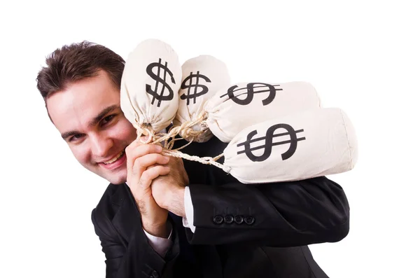 Man with money sacks on white — Stock Photo, Image