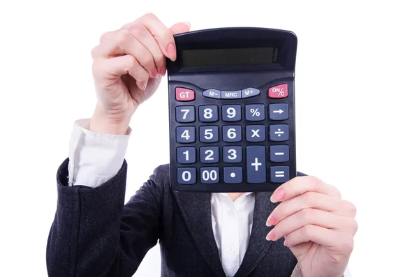 Nerd vrouwelijke boekhouder met calculator — Stockfoto