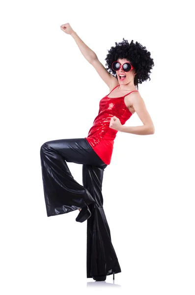 Dancer in black afro wig on white — Stock Photo, Image