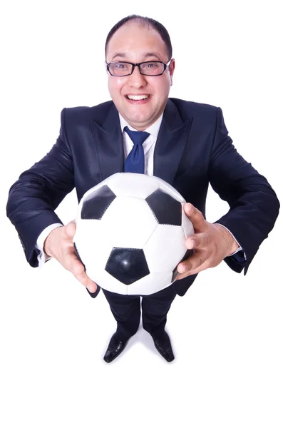 Homme d'affaires avec football sur blanc — Photo