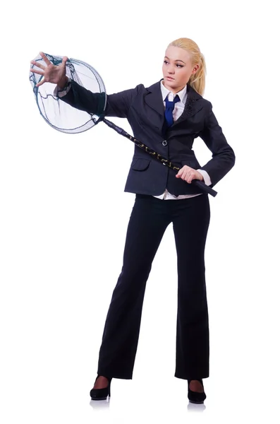 Geschäftsfrau mit Fangnetz auf Weiß — Stockfoto