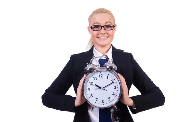 Žena s obrovskými hodinami na bílém pozadí — Stock fotografie