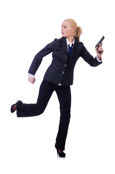 Woman with gun isolated on white — Stock Photo, Image