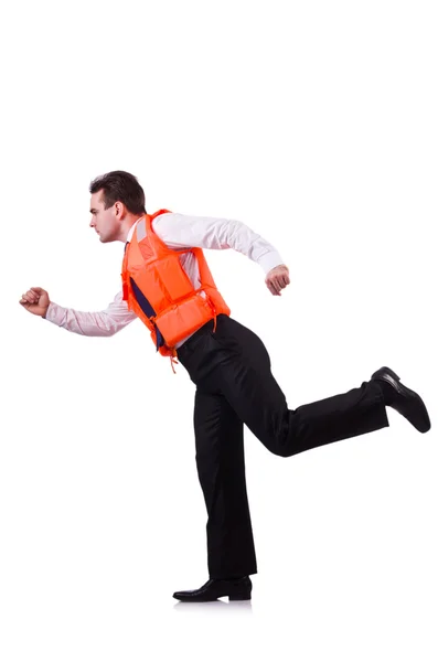 Businessman with rescue safety vest on white — Stock Photo, Image