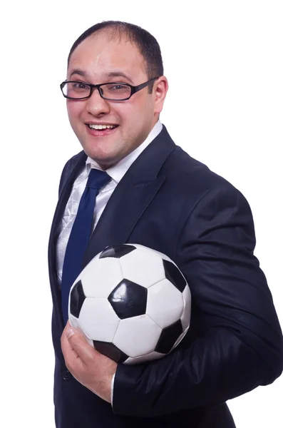 Geschäftsmann mit Fußball auf Weiß — Stockfoto