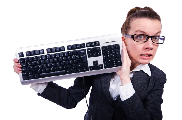 Nerd zakenman met toetsenbord van de computer op wit — Stockfoto