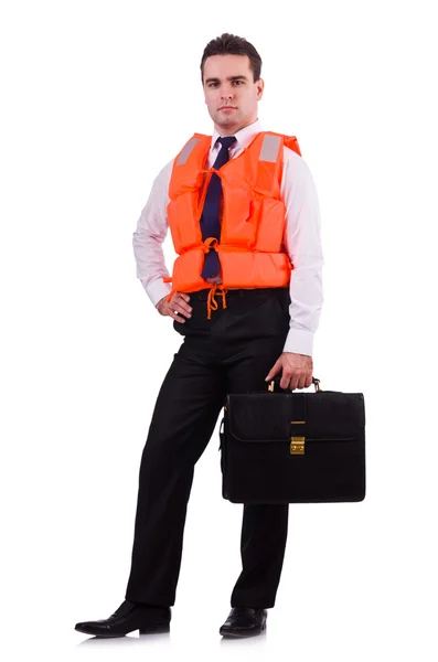 Businessman with rescue safety vest on white — Stock Photo, Image