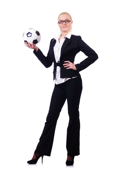 Woman with football on white — Stock Photo, Image