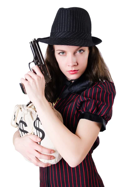 Gangster donna con pistola su bianco — Foto Stock