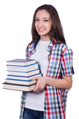 Öğrenci kız beyaz üzerine pek çok kitap ile