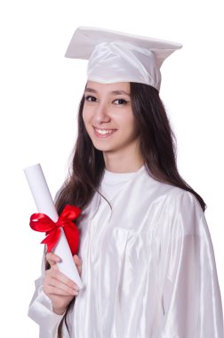 beyaz üzerine diploma ile genç kız öğrenci