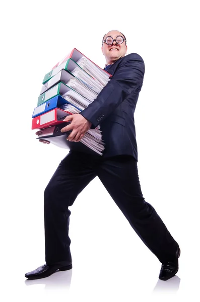 Funny man with lots of folders on white — Stock Photo, Image