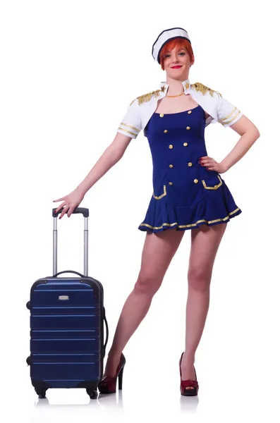 Vrouw reisbegeleider met koffer op wit — Stockfoto