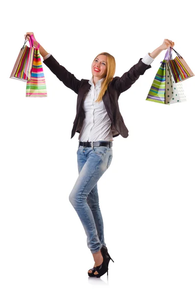 Mujer joven con bolsas después de ir de compras — Foto de Stock