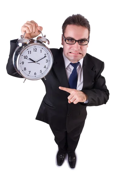 Lustiger Geschäftsmann mit weißer Uhr — Stockfoto