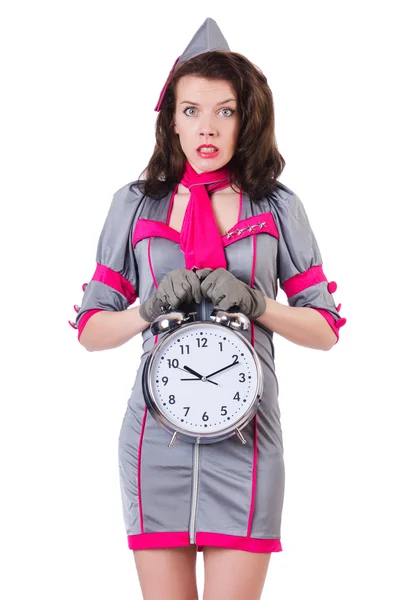 Femme avec horloge isolée sur blanc — Photo