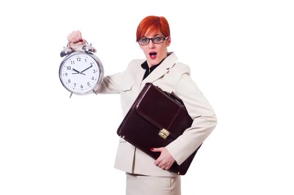 Businesswoman woman with clock on white — Stock Photo, Image